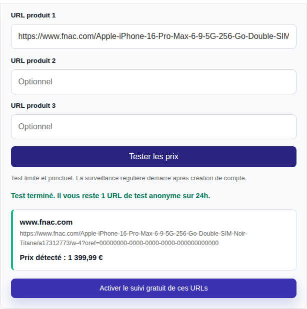 Résultat réel du test Competiprice : prix principal de l’offre Fnac détecté à 1 399,99 euros et bouton pour activer le suivi gratuit.