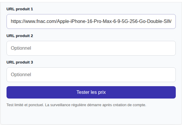 URL de l’offre iPhone vendue par Fnac saisie dans le formulaire Competiprice, avant de cliquer sur Tester les prix.