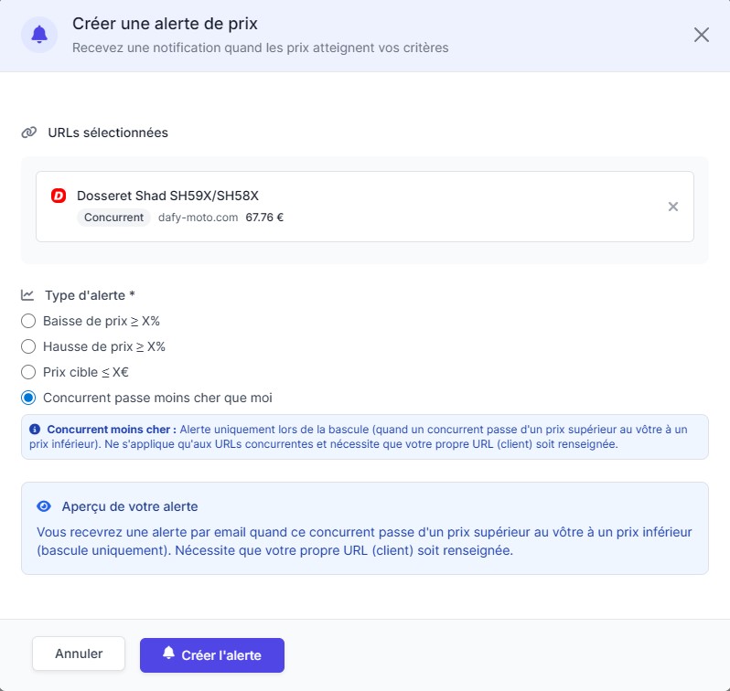 Création d'alertes de prix